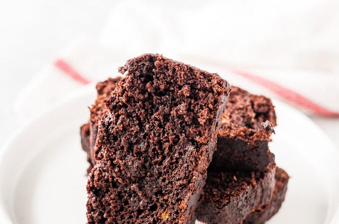 Closeup of a slice of chocolate cake.