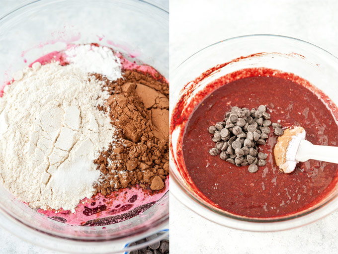 Collage of process photos showing how batter for chocolate beet cake is mixed.