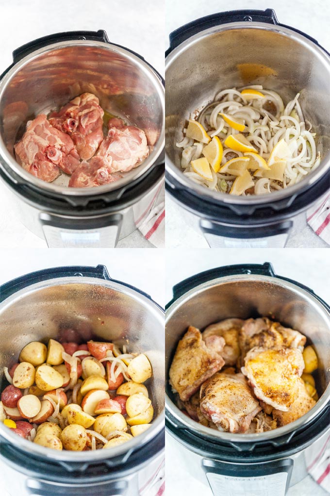Collage of process photos showing the steps in making chicken and potatoes in Instant Pot.