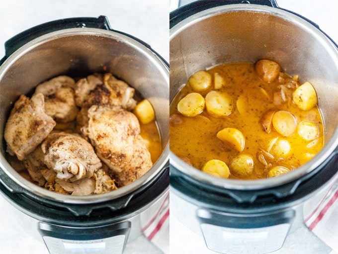 Collage of process photos showing chicken and potatoes in Instant Pot after they are cooked.