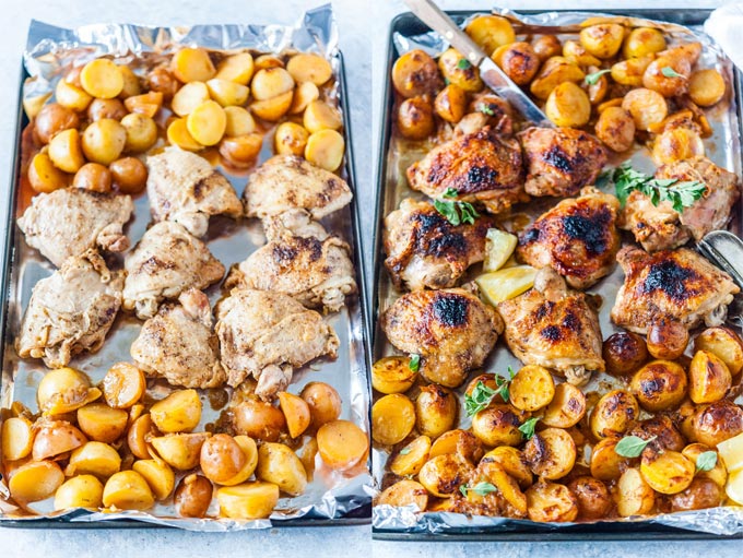 Collage of process photos showing Greek Chicken and Potatoes on a sheet pan before and after broiling.