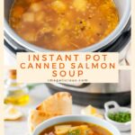 Canned Salmon soup is delicious, healthy, and really easy to make. It is also affordable and uses mostly ingredients that last for a very long time. It can be made on the stove or in Instant Pot for convenience | imagelicious.com #cannedsalmon #salmonsoup #fishsoup #instantpotrecipes