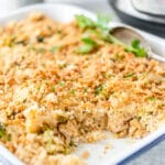 Roasting pan with chicken and rice casserole.