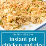 Instant Pot Chicken and Rice Casserole is a delicious weeknight meal that takes only minutes to pull together. Eat straight out of the pot or add your favourite toppings for a crunchy and creamy texture | imagelicious.com #instantpotrecipes #chickenrice #casserole