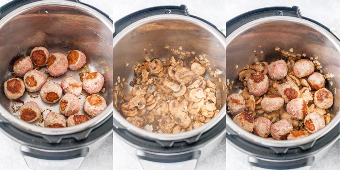 Collage of process photos showing how meatballs and mushrooms are supposed to look after sautéing in Instant Pot.