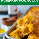 Instant Pot No Knead Pumpkin Focaccia is delicious and also super easy to make. Just mix everything together with a spoon, use Instant Pot to proof the dough, then bake. Perfect for holiday celebrations. It is also vegan | imagelicious.com #instantpot #noknead #ad
