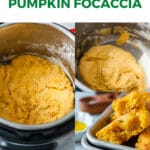 Instant Pot No Knead Pumpkin Focaccia is delicious and also super easy to make. Just mix everything together with a spoon, use Instant Pot to proof the dough, then bake. Perfect for holiday celebrations. It is also vegan | imagelicious.com #instantpot #noknead #ad